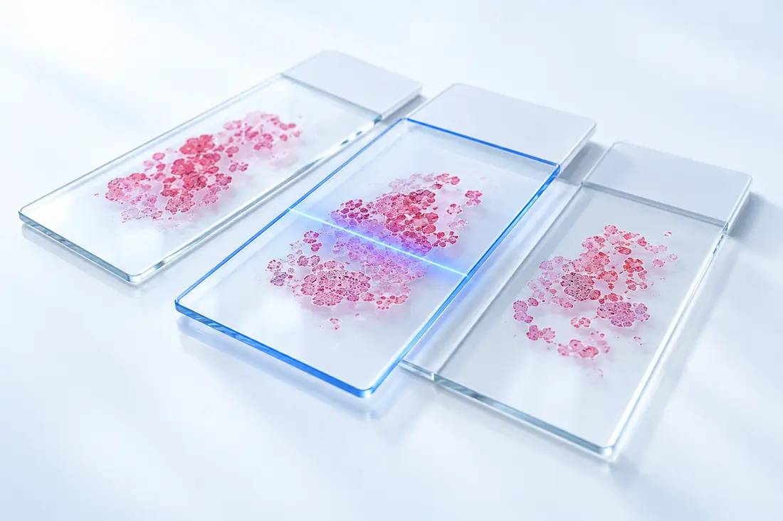 Concept illustration of glass slides and a digital scanning line.