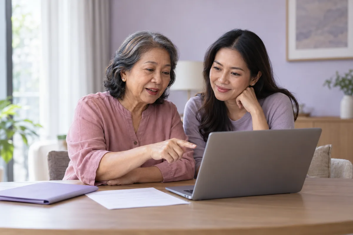 A woman and her adult daughter reviewing information together on a laptop at home.